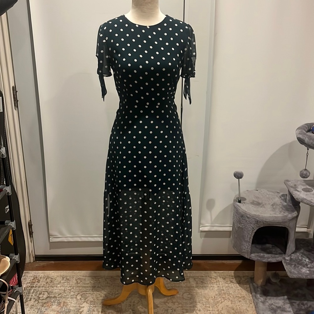 Navy and tan polka dress